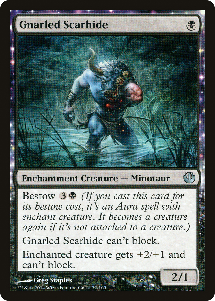 Magic: The Gathering Gnarled Scarhide single card from Journey into Nyx featuring a gnarled creature with dark, detailed artwork.