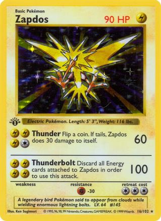 Zapdos (16/102) (Shadowless) [Base Set 1st Edition] - Trinity Hobby