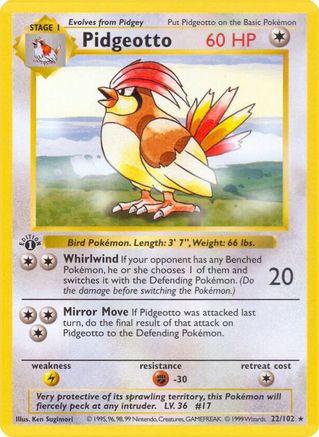 Pidgeotto (22/102) (Shadowless) [Base Set 1st Edition] - Trinity Hobby