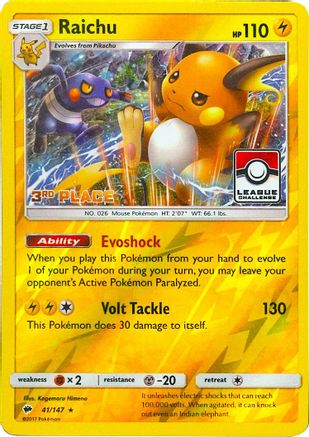 Raichu (41/147) (League Promo 3rd Place) [Sun & Moon: Burning Shadows] - Trinity Hobby