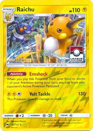 Raichu (41/147) (League Promo 1st Place) [Sun & Moon: Burning Shadows] - Trinity Hobby