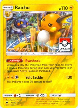 Raichu (41/147) (League Promo 4th Place) [Sun & Moon: Burning Shadows] - Trinity Hobby