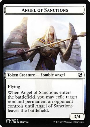 Magic: The Gathering Angel of Sanctions horror double-sided token from Commander 2019, showing detailed angel and horror artwork.