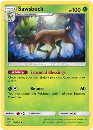 Sawsbuck (16/236) (Prerelease Kit Exclusive) (Theme Deck Exclusive) [Sun & Moon: Cosmic Eclipse] - Trinity Hobby