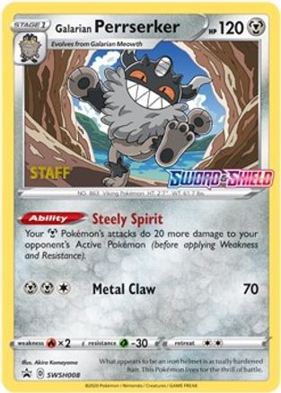 Galarian Perrserker (SWSH008) (Staff Prerelease Promo) [Sword & Shield: Black Star Promos] - Trinity Hobby