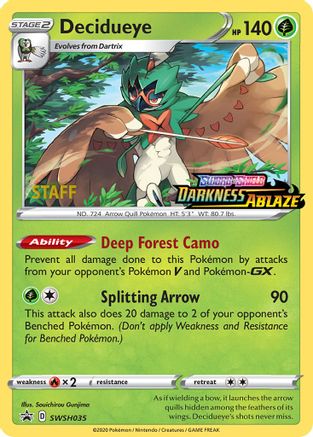 Decidueye (SWSH035) (Staff Prerelease Promo) [Sword & Shield: Black Star Promos] - Trinity Hobby