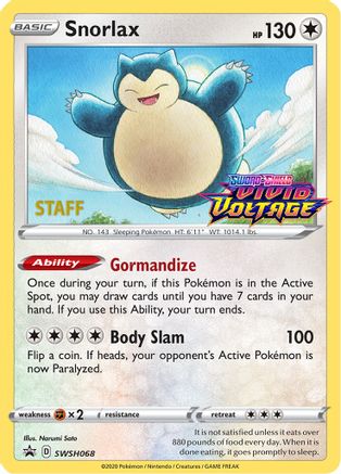 Snorlax (SWSH068) (Staff Prerelease Promo) [Sword & Shield: Black Star Promos] - Trinity Hobby