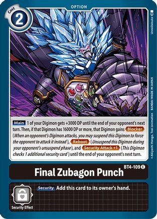 Digimon Final Zubagon Punch single card from Great Legend set featuring vibrant artwork of Zubagon Punch Digimon.