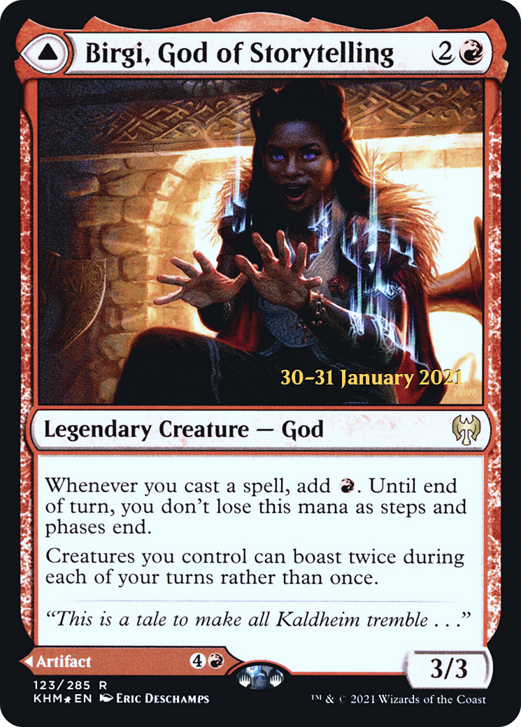 Birgi, God of Storytelling // Harnfel, Horn of Bounty [Kaldheim Prerelease Promos] - Trinity Hobby