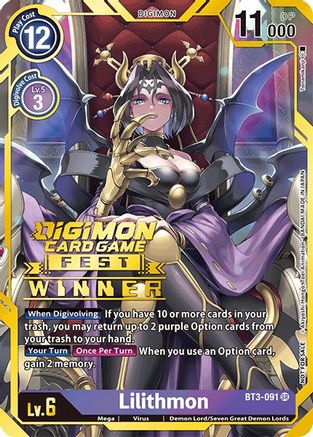 Lilithmon [BT3-091] (gagnant du Digimon Card Game Fest 2022) [sortir des promotions spéciales sur les boosters] 