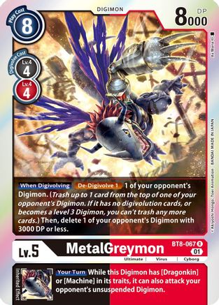 MetalGreymon Digimon single card from the BT8-067 New Awakening set featuring a metallic armored dragon Digimon.