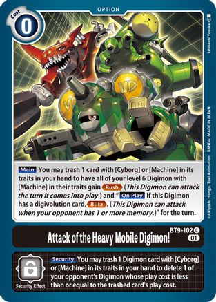Digimon Attack of the Heavy Mobile Digimon single card from BT9-102 featuring colorful Digimon artwork.
