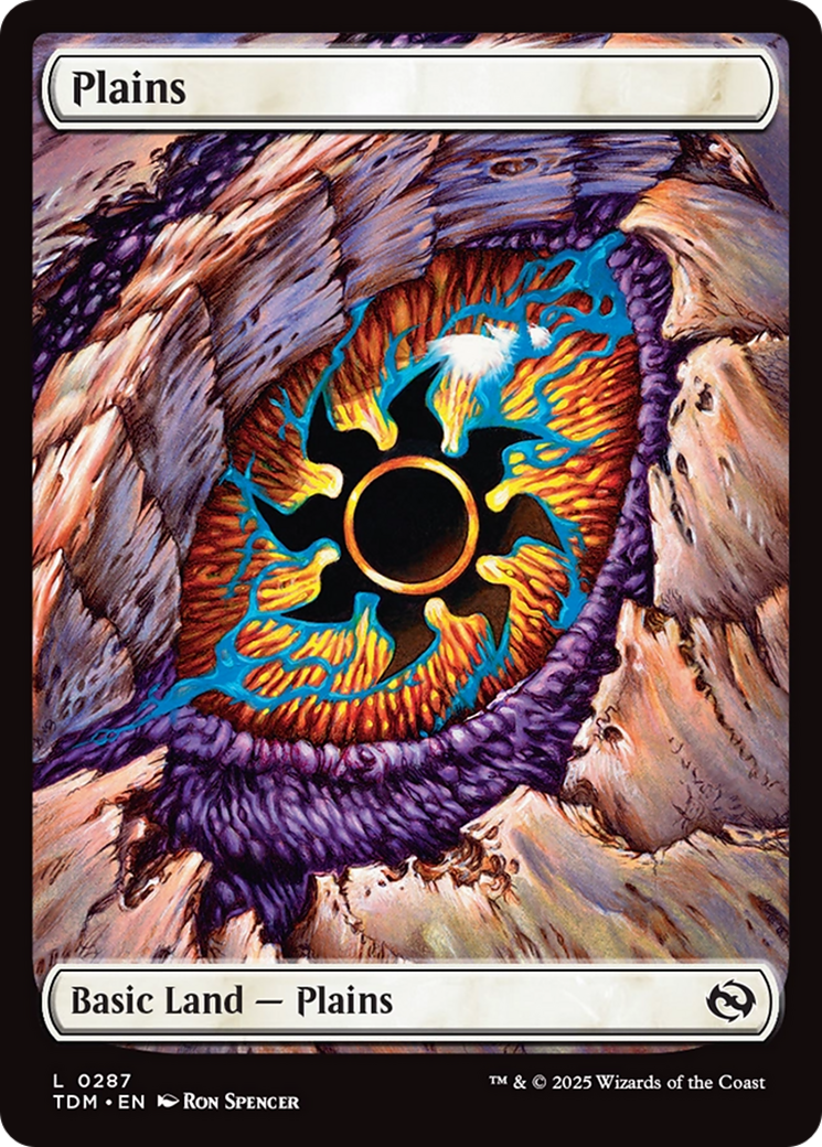 Plains (TDM-287) - [Tarkir: Dragonstorm] Foil MTG single featuring Ron Spencer's vivid artwork of a dragon eye with a glowing sun symbol in the iris.
