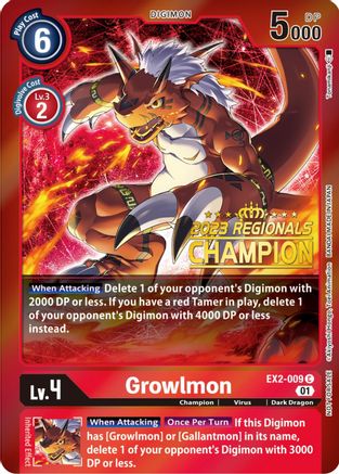 Growlmon [EX2-009] (2023 Regionals Champion) [Digital Hazard Promos] - Trinity Hobby