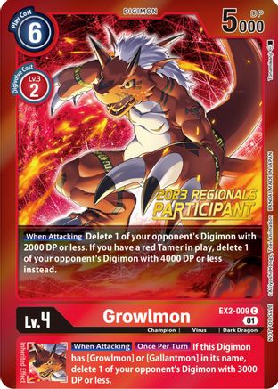 Growlmon [EX2-009] (2023 Regionals Participant) [Digital Hazard Promos] - Trinity Hobby