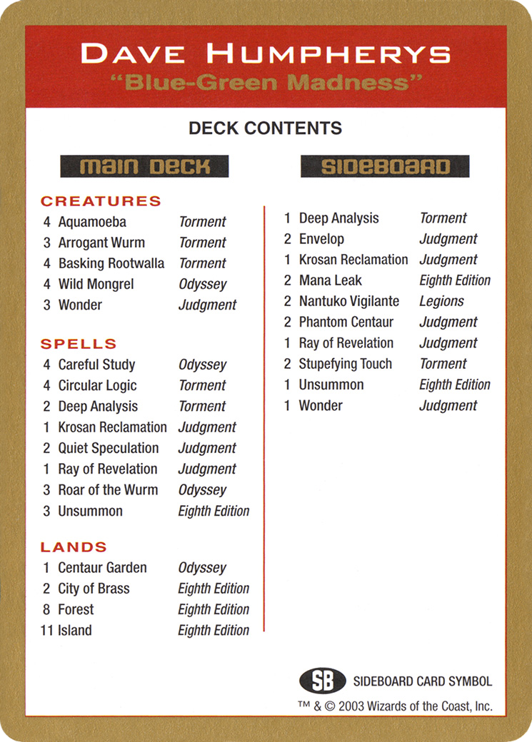 Dave Humpherys Decklist [World Championship Decks 2003] - Trinity Hobby
