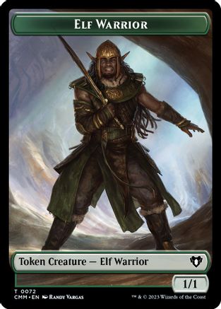 Magic: The Gathering Elf Warrior and Cleric double-sided token from Commander Masters, featuring detailed illustrations on both sides.