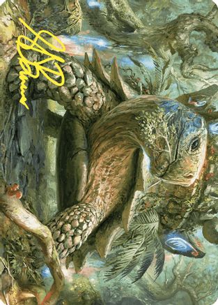 Magic: The Gathering Blossoming Tortoise art card from Wilds of Eldraine set, gold-stamped signature, featuring a detailed tortoise illustration.