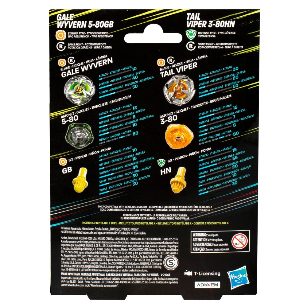 Beyblade X Gale Wyvern 5-80GB and Tail Viper 3-80HN Top Dual Pack Set - Trinity Hobby
