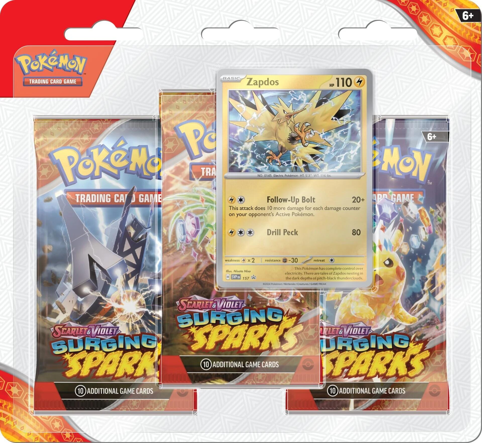 Scarlet & Violet: Surging Sparks - 3 Pack Blisters (Zapdos) - Trinity Hobby