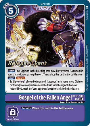 Gospel of the Fallen Angel [BT18-100] [Release Special Booster Ver.2.0 Promos] - Trinity Hobby