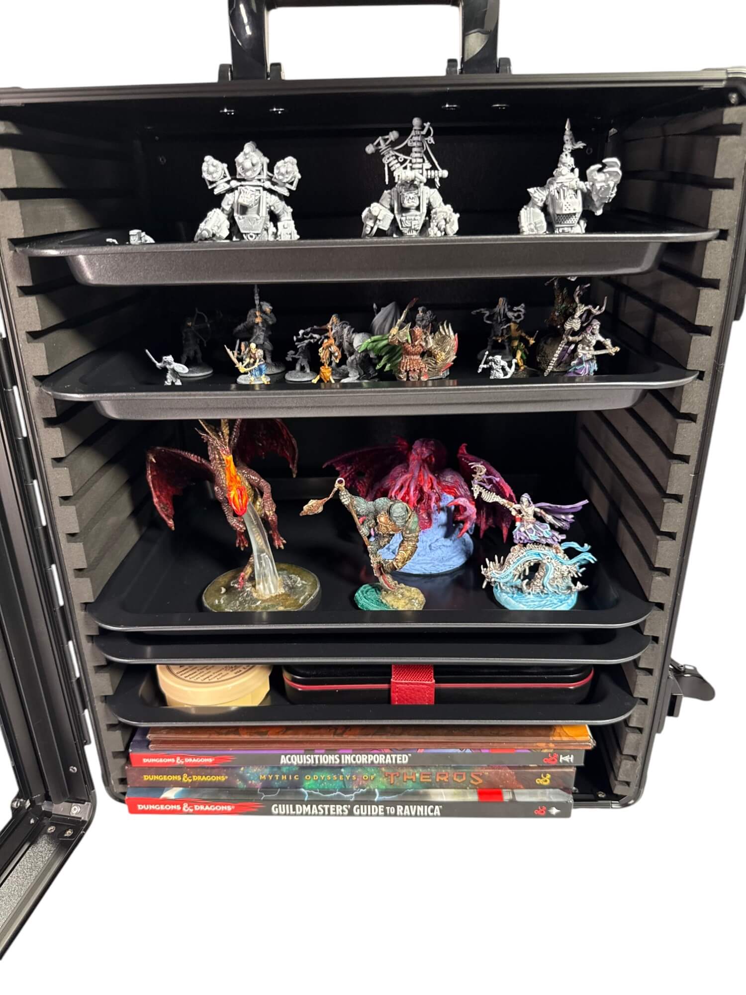 Evoretro Aluminum Miniatures Display & Carry Case w/ 5 Metal Trays for Collectible Figures and Models - Trinity Hobby