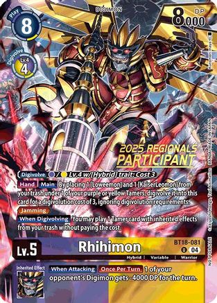 Rhihimon [BT18-081] (2025 Regionals Participant) [Release Special Booster Ver.2.0 Promos] - Trinity Hobby
