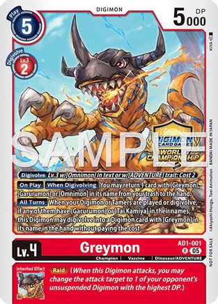 Greymon - AD1-001 (World Championship 26–27 Regionals Season 1) (AD1-001) - [Advanced Booster Digimon Generation] Foil