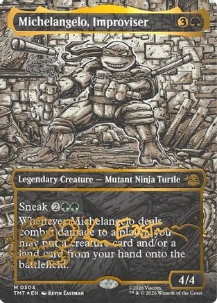 Michelangelo, Improviser (Borderless) (Gold-Stamped Signature)  [Foil]  (TMT-304) - [Teenage Mutant Ninja Turtles] - Trinity Hobby