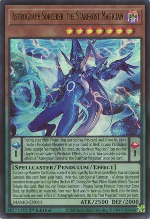 Yu-Gi-Oh! Astrograph Sorcerer, the Starfrost Magician Ultra Rare card from Magnificent Monsters 1st Edition, featuring a mystical magician.
