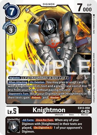 Digimon Knightmon (EX13-058) foil card from Chivalrous XIII series, featuring detailed artwork of the Digimon Knightmon on a trading card.