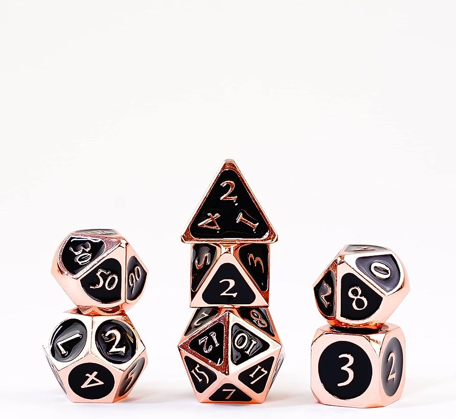 METAL 7 DICE SET COPPER W/BLACK ENAMEL 16MM - Trinity Hobby