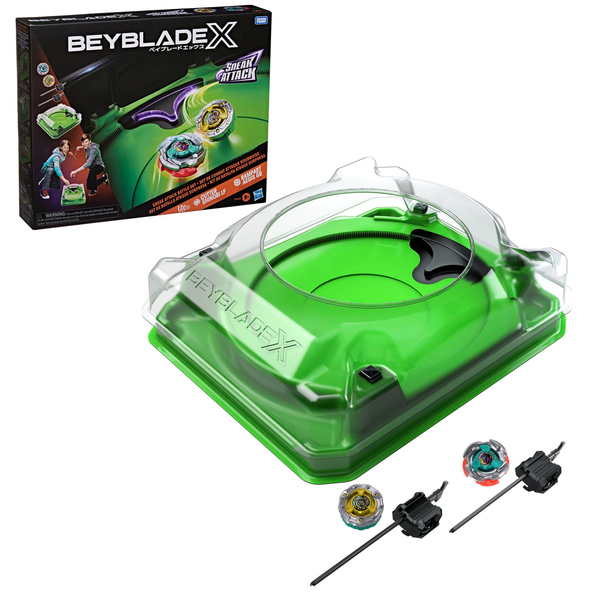 TAKARA TOMY BEYBLADE X Sneak Attack Battle Set toy packaging with spinning tops and battle stadium