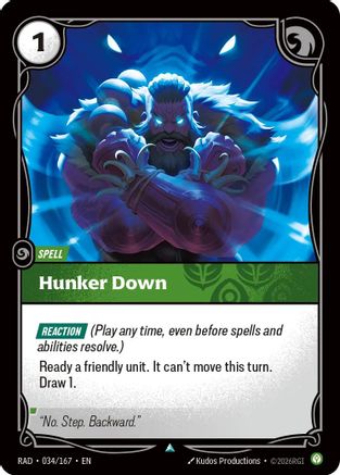Hunker Down (034/167) Radiance Foil Riftbound single trading card by UVS Games