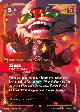 Ziggs, Short-Fused Radiance Foil Riftbound single card by UVS Games, 023/167