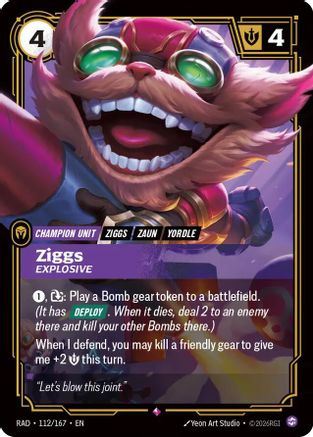 Ziggs, Explosive Radiance Foil trading card from Riftbound by UVS Games, card 112/167