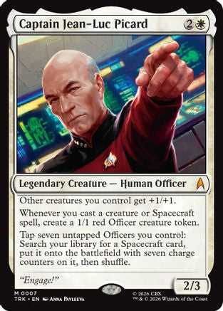 Magic: The Gathering Captain Jean-Luc Picard MTG single card from Star Trek series, featuring Picard in a futuristic setting.