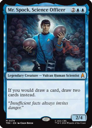 Magic: The Gathering Mr. Spock foil card from Star Trek set, featuring Science Officer character with vibrant foil details.