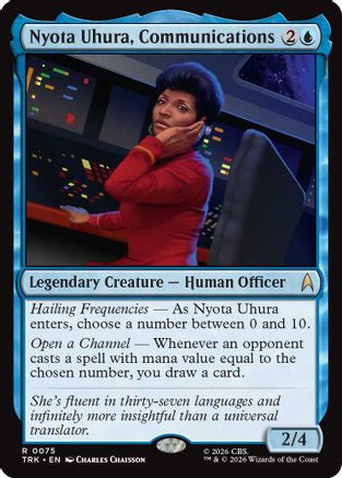 Close-up of Nyota Uhura Magic: The Gathering MTG card featuring her as a communications officer from Star Trek.