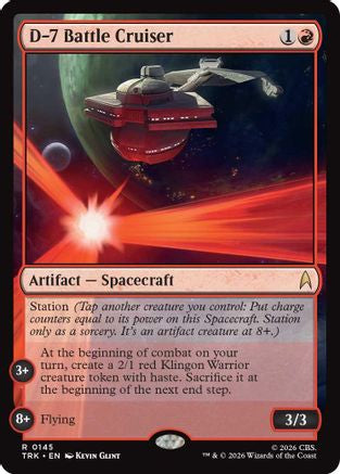 Magic: The Gathering D-7 Battle Cruiser MTG single card featuring a detailed illustration of the Star Trek-themed spaceship.