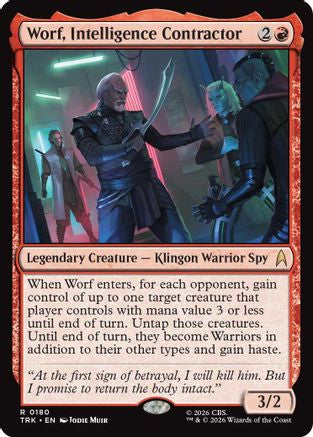 Magic: The Gathering Worf, Intelligence Contractor MTG card featuring artwork of Worf from Star Trek, trading card game collectible