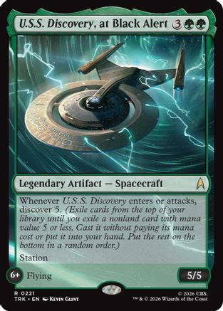 Magic: The Gathering U.S.S. Discovery foil card featuring black alert scene from Star Trek, collectible MTG single card.