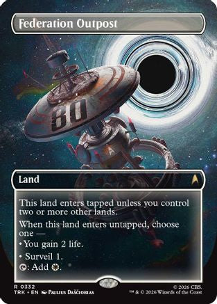 Magic: The Gathering Federation Outpost borderless MTG card featuring futuristic outpost artwork with intricate borderless design.
