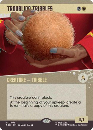 Magic: The Gathering Troubling Tribbles MTG single card from Star Trek showcase set, featuring illustration of playful tribbles.