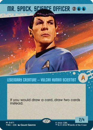 Magic: The Gathering Mr. Spock Science Officer collectible card from Star Trek Showcase series featuring Spock in a science uniform.