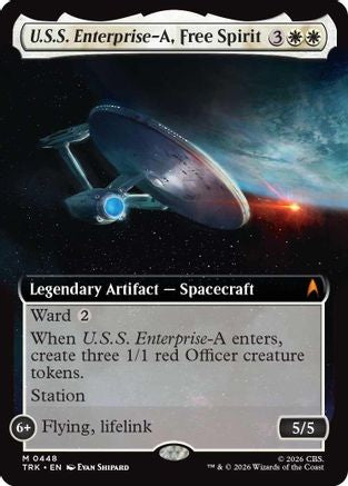 Magic: The Gathering U.S.S. Enterprise-A, Free Spirit extended art MTG single card from Star Trek series, featuring spacecraft artwork.