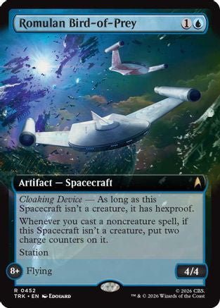Foil Romulan Bird-of-Prey extended art Magic: The Gathering MTG single card from Star Trek series, with detailed spaceship illustration.