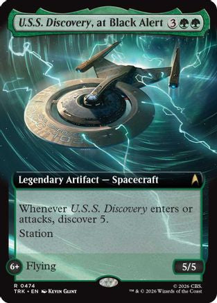 Foil U.S.S. Discovery at Black Alert extended art Magic: The Gathering MTG card featuring detailed starship illustration.