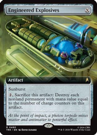 Magic: The Gathering Engineered Explosives MTG card from the Extended Art set, featuring detailed artwork and card information.