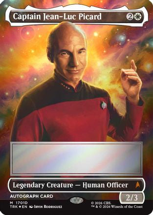 Signed foil Magic: The Gathering Captain Jean-Luc Picard (Borderless) MTG card from Star Trek set with detailed artwork and signature.